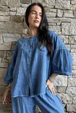 Loom & Thread Pin Tuck Blouse Washed Denim /40=